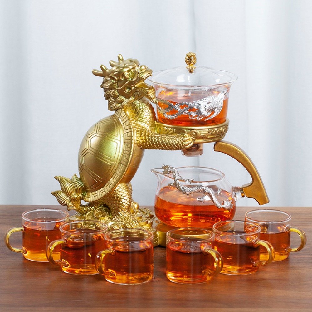 Chinese Handmade Golden Turtle Glass Lazy Semi-automatic  Tea Cup Set Antique Chinese Handmade Golden Turtle Glass Lazy Semi-automatic  Tea Cup Set Antique