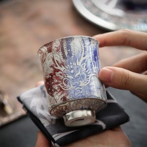 Antique Handmade Silver-gilded Ceramic Blue And Red Japanese Dragon Master Tea Cups