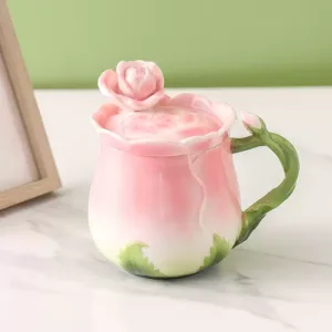Creative Japanese Paragon Enamel Color Handmade Pink Rose England Tea Cup Mugs With Rose Plant Lid