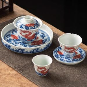 Traditional Chinese Antique Blue And White Porcelain Wave Tea Set