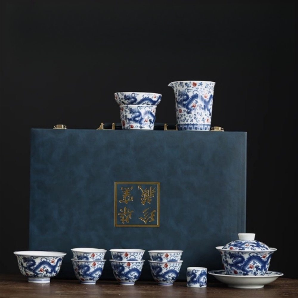 Vintage Chinese Blue And White Porcelain Dragon Phoenix Gongfu Tea Cup Set For Sale Vintage Chinese Blue And White Porcelain Dragon Phoenix Gongfu Tea Cup Set For Sale
