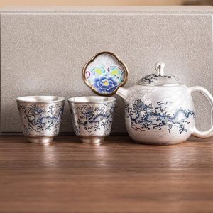 Gilt Silver Tea Sets Antique Blue And White Porcelain Dragon Pattern With Gift Box