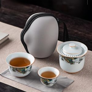 Ceramic Antique Green Dragon Theme Travel Tea Kit Set With Portable Bag