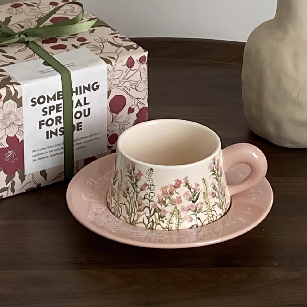 Vintage Pink Rose Ceramic Tea Cup With Red Roses Saucer And Spoon For Sale Vintage Pink Rose Ceramic Tea Cup With Red Roses Saucer And Spoon For Sale