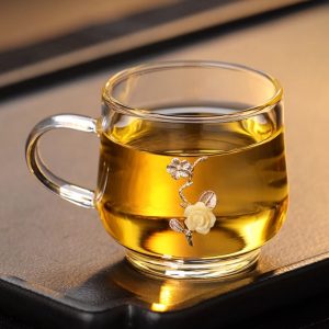 Antique Chinese Handmade Clear Glass Gongfu Tea Cup Silver Yellow Roses With Gift Box