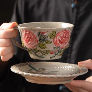 English Hand Painted Desert Rose Ceramic Tea Cups Coffee Mugs And Roses Saucer Set