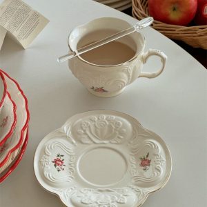 English Paragon White Porcelain Red Rose Tea Cup Set Of Fortune With Relief Rose Plant