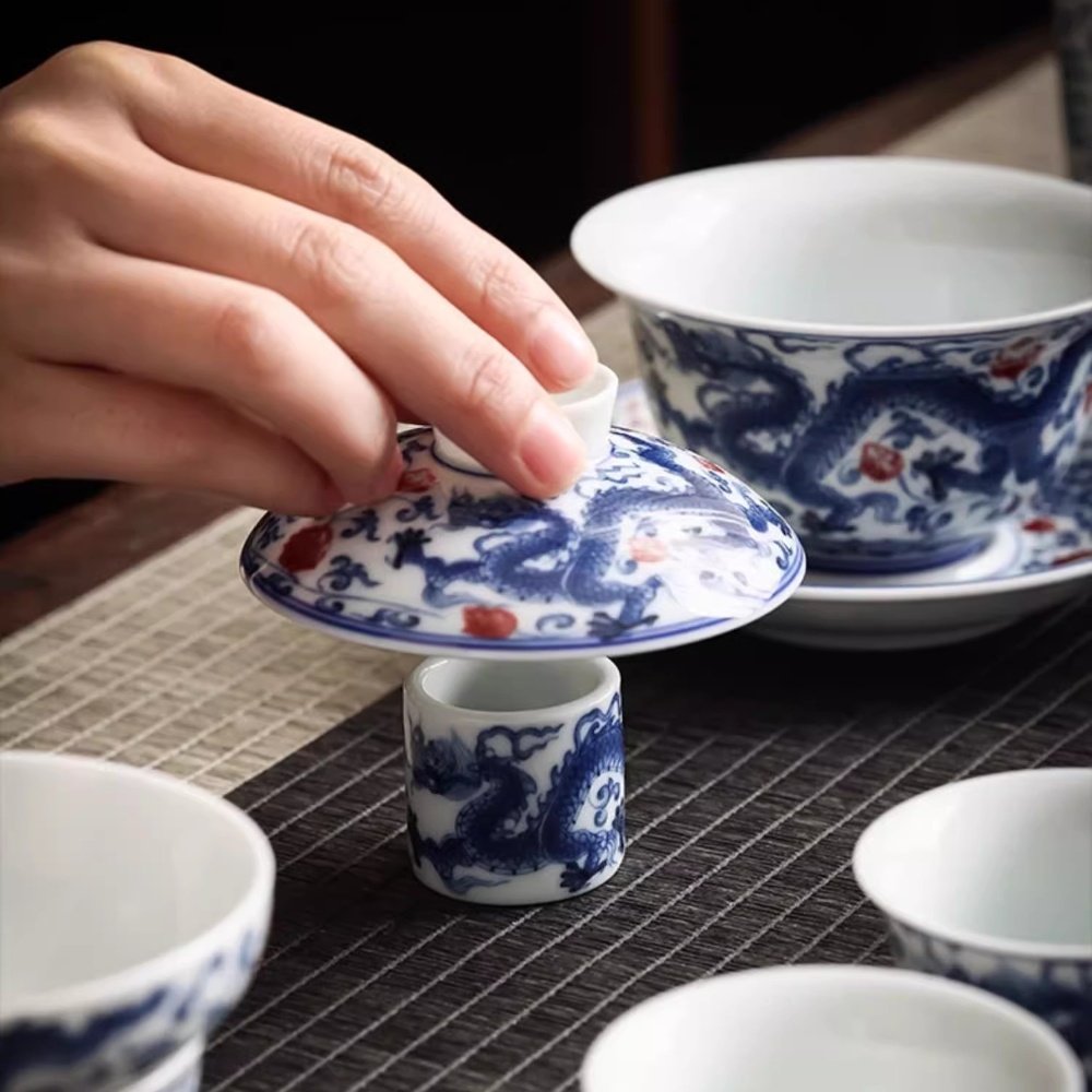 Vintage Chinese Blue And White Porcelain Dragon Phoenix Gongfu Tea Cup Set For Sale Vintage Chinese Blue And White Porcelain Dragon Phoenix Gongfu Tea Cup Set For Sale