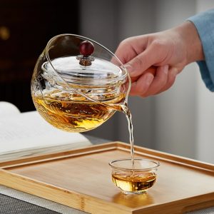 19.3 Fl Oz Transparent And Grey Rotating Glass Teapots With Glass Infusers And Wooden Handle