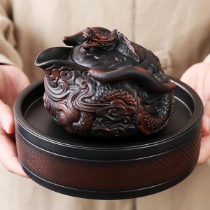 Purple Pottery Vintage Clutch Gongfu Tea Ceremony Teapot Set Relief Chinese Red Dragon