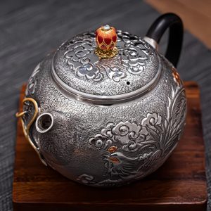 Antique Handcraft Enamel Color Pot Twist Silver Teapot With Relief Dragon And Phoenix Pattern