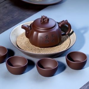 Large And Small Antique Chinese Yixing Purple Clay Twist Square Teapot
