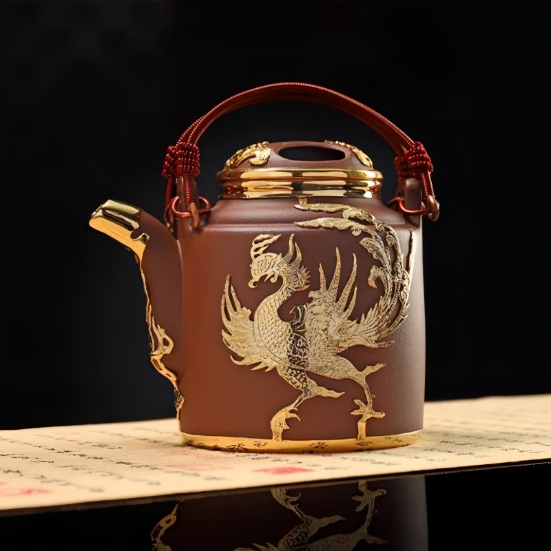 Large Capacity Antique Gold Inlaid Jade Dragon And Phoenix Pattern Lifting Beam Handle Purple Clay Teapot Large Capacity Antique Gold Inlaid Jade Dragon And Phoenix Pattern Lifting Beam Handle Purple Clay Teapot