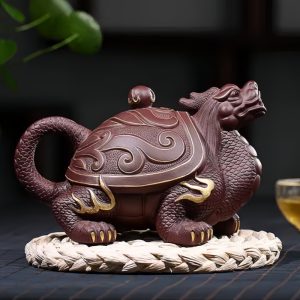 Chinese Gilding Dragon Turtle Shaped Yixing Purple Clay Teapot With Unique Dragon Ball Twist