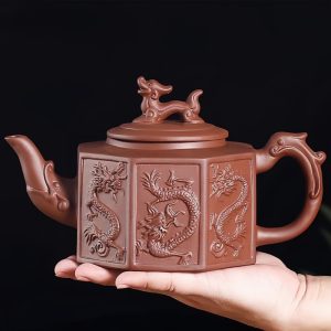 Chinese Large Capacity Black And Brown Yixing Clay Eight Sides Dragon Gongfu Teapot