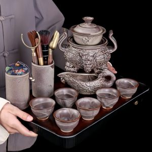 Grey Vintage Chinese Tripod Relief Dragon Head Ware Semi Automatic Ceramic Tea Set