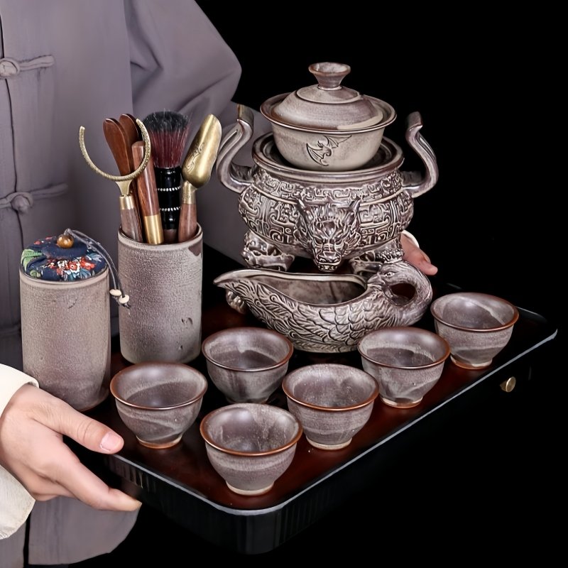 Grey Vintage Chinese Tripod Relief Dragon Head Ware Semi Automatic Ceramic Tea Set Grey Vintage Chinese Tripod Relief Dragon Head Ware Semi Automatic Ceramic Tea Set