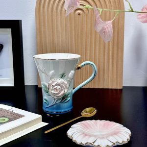 Chinese Handcraft Blue Ceramic Tea Mug Cup Set With Relief Red Roses Plant For Sale