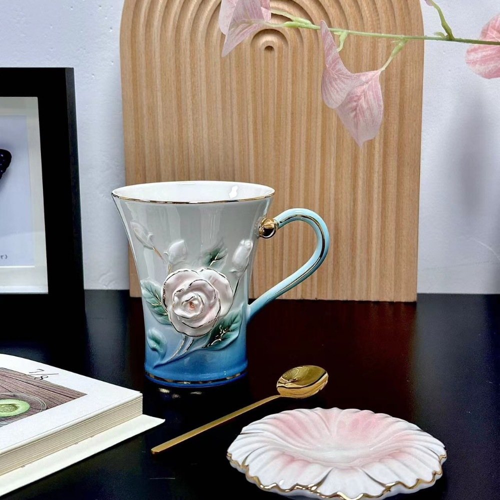 Chinese Handcraft Blue Ceramic Tea Mug Cup Set With Relief Red Roses Plant For Sale Chinese Handcraft Blue Ceramic Tea Mug Cup Set With Relief Red Roses Plant For Sale