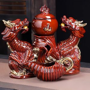 Vintage Japanese Ceramic Gilding Red Double Dragon Tea Set