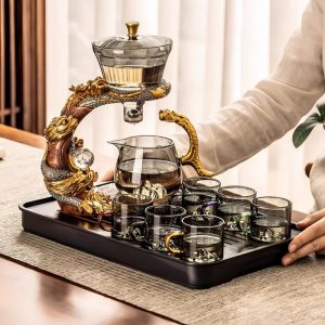 Golden And Grey Glass Vintage Automatic Lazy Tea Set With Stainless Steel Infuser