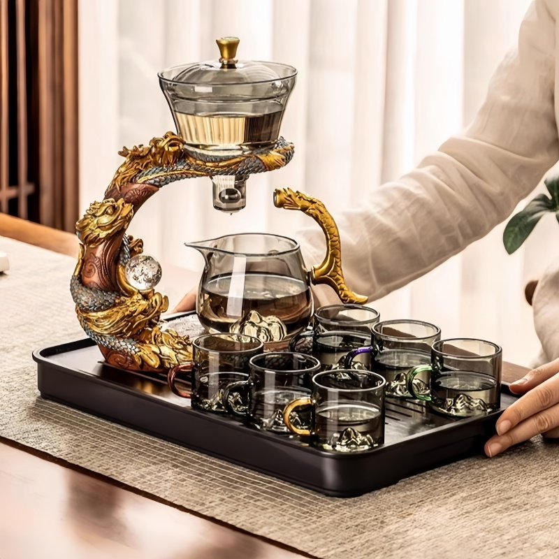 Golden And Grey Glass Vintage Automatic Lazy Tea Set With Stainless Steel Infuser Golden And Grey Glass Vintage Automatic Lazy Tea Set With Stainless Steel Infuser