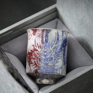 Antique Handmade Silver-gilded Ceramic Blue And Red Japanese Dragon Master Tea Cups