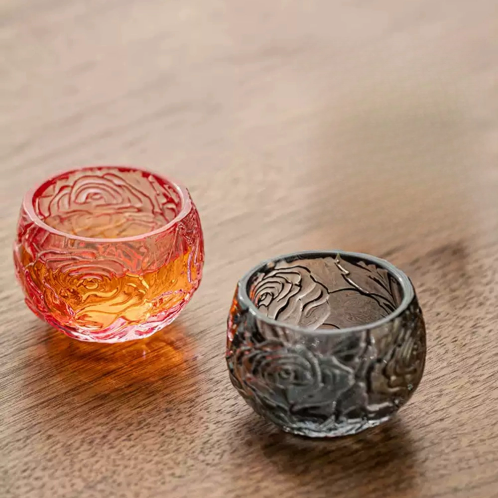 Vintage Relief Grey And Pink Rose Crystal Glass Master Gongfu Tea Cups Of Fortune For Sale Vintage Relief Grey And Pink Rose Crystal Glass Master Gongfu Tea Cups Of Fortune For Sale