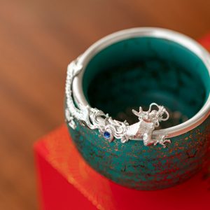 Vintage Year Of The Dragon Green Ceramic Kiln Change Tea Cup With Silver Dragon Figurine