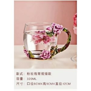 English Colour Enamels Old Country Pink Rose Clear Glass Tea Cup Set With Rose Bush Saucers