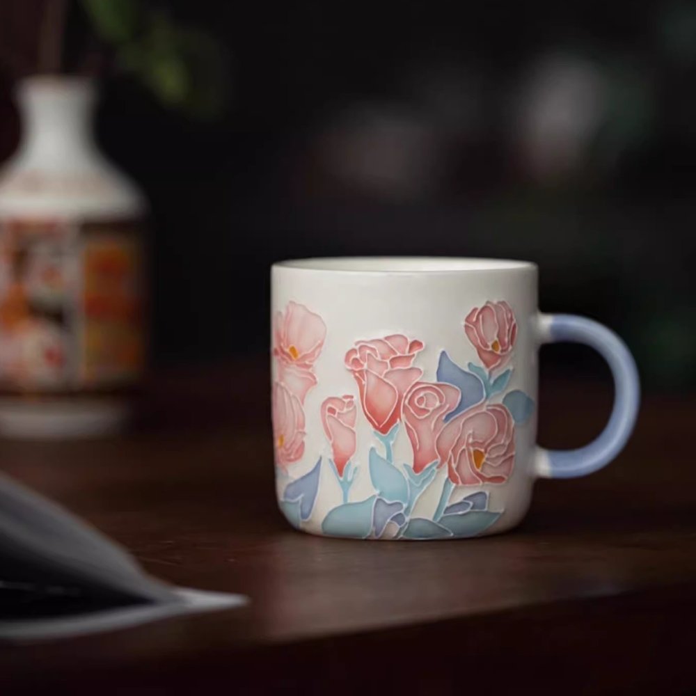 Antique Japanese Pink Hand Painted Rose Of England Garden Of Splendor Ceramic Mug For Sale Antique Japanese Pink Hand Painted Rose Of England Garden Of Splendor Ceramic Mug For Sale