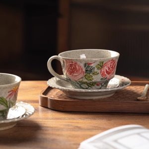 English Hand Painted Desert Rose Ceramic Tea Cups Coffee Mugs And Roses Saucer Set