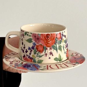 English Vintage Ceramic Red Rose Tea Cups Mug Set And Rose Bush Saucers For Sale