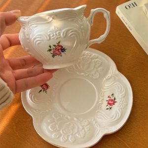 English Paragon White Porcelain Red Rose Tea Cup Set Of Fortune With Relief Rose Plant