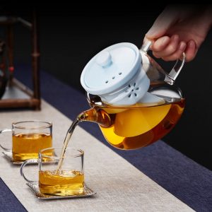 25.7 Fl Oz Transparent Clear Loose Leaf Glass Teapot With Blue Ceramic Infuser And Lid