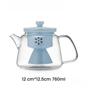 25.7 Fl Oz Transparent Clear Loose Leaf Glass Teapot With Blue Ceramic Infuser And Lid