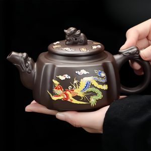Yixing Purple Clay Color Changing Vintage Chinese Dragon And Phoenix Pattern Spout Square Gongfu Teapot Set