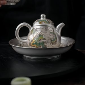 Silver Gilding Antique Chinese Blue Dragon Porcelain Pear-shaped Teapot And Tea Boat Set