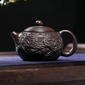 Vintage Chinese Handmade Black Gold Sand Clay Relief Dragon Pattern Teapot