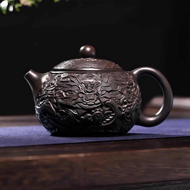 Vintage Chinese Handmade Black Gold Sand Clay Relief Dragon Pattern Teapot Vintage Chinese Handmade Black Gold Sand Clay Relief Dragon Pattern Teapot