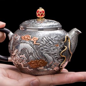 Antique Handcraft Enamel Color Pot Twist Silver Teapot With Relief Dragon And Phoenix Pattern