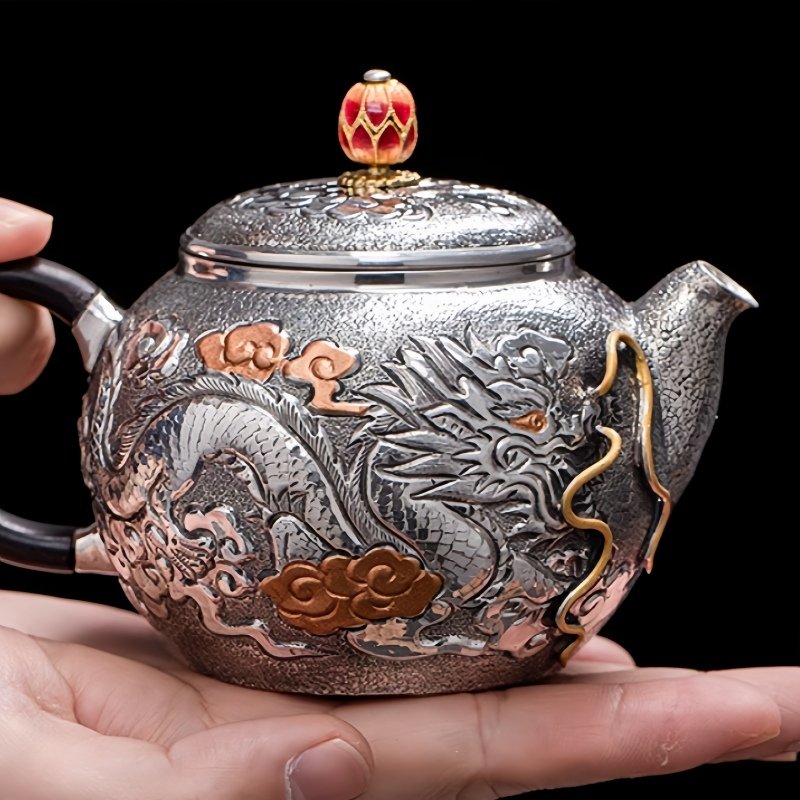 Antique Handcraft Enamel Color Pot Twist Silver Teapot With Relief Dragon And Phoenix Pattern Antique Handcraft Enamel Color Pot Twist Silver Teapot With Relief Dragon And Phoenix Pattern