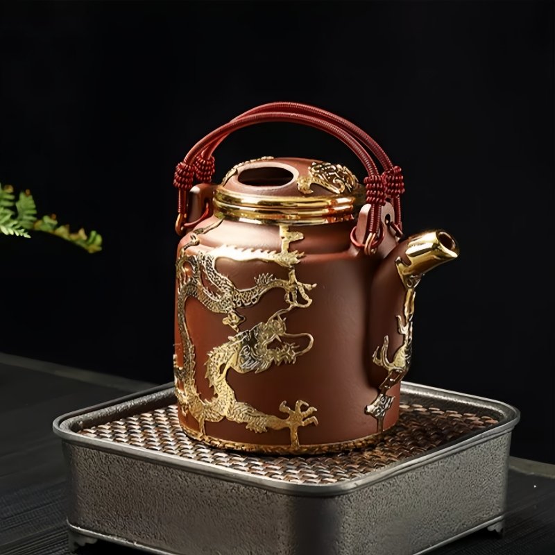 Large Capacity Antique Gold Inlaid Jade Dragon And Phoenix Pattern Lifting Beam Handle Purple Clay Teapot Large Capacity Antique Gold Inlaid Jade Dragon And Phoenix Pattern Lifting Beam Handle Purple Clay Teapot