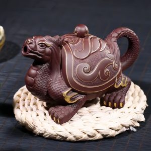 Chinese Gilding Dragon Turtle Shaped Yixing Purple Clay Teapot With Unique Dragon Ball Twist