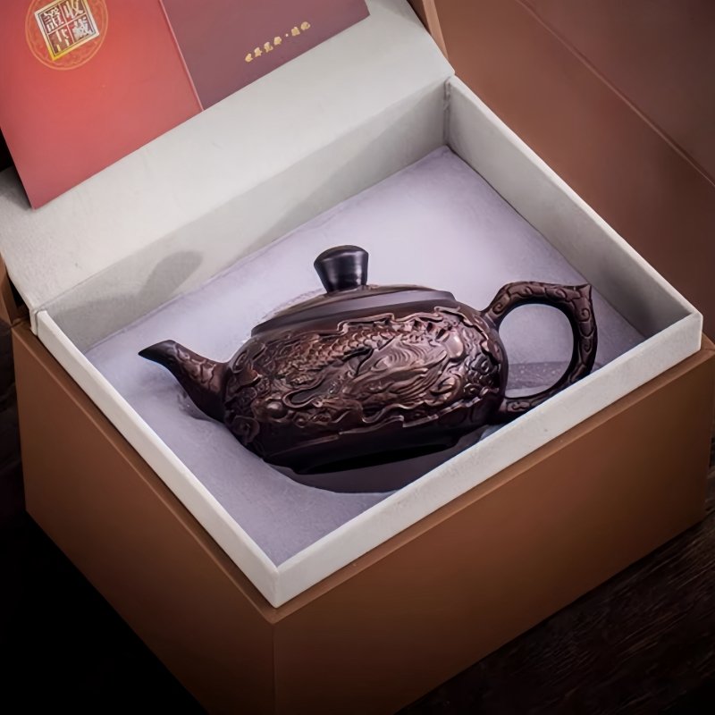 Vintage Purple Pottery Chinese Relief Auspicious Dragon Pattern Teapot With Strainer In Spout Vintage Purple Pottery Chinese Relief Auspicious Dragon Pattern Teapot With Strainer In Spout