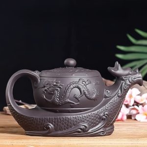 Chinese Yixing Black And Brown Clay Dragon Boat Shaped Gongfu Teapot With Strainer In Spout