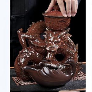 Ceramic Semi Automatic Lazy Kiln Change Red Chinese Dragon Phoenix Ware Tea Set Antique