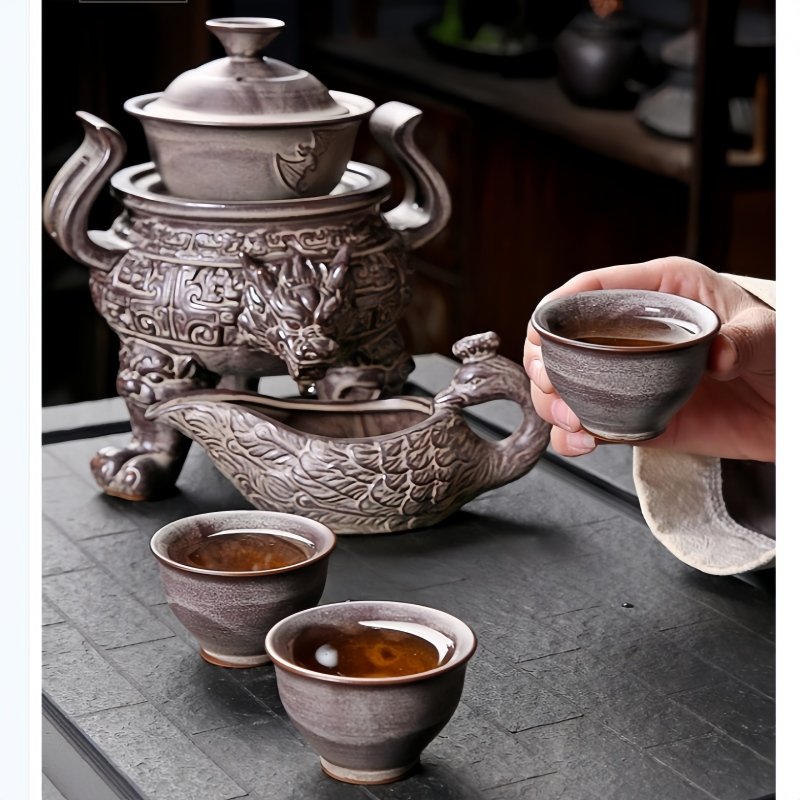 Grey Vintage Chinese Tripod Relief Dragon Head Ware Semi Automatic Ceramic Tea Set Grey Vintage Chinese Tripod Relief Dragon Head Ware Semi Automatic Ceramic Tea Set