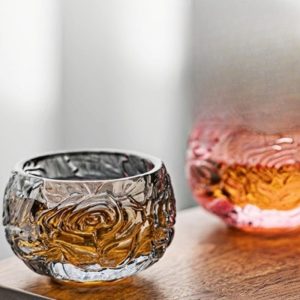 Vintage Relief Grey And Pink Rose Crystal Glass Master Gongfu Tea Cups Of Fortune For Sale