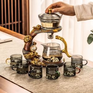 Golden And Grey Glass Vintage Automatic Lazy Tea Set With Stainless Steel Infuser
